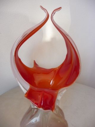 Vintage Retro Red Orange White Opaque Cased Murano Studio Art Glass Basket Bowl