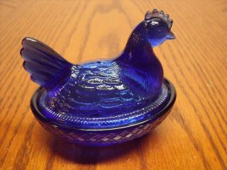 Vintage Degenhart Glass Cobalt Blue Hen On Nest Chicken Candy Dish Signed " D "