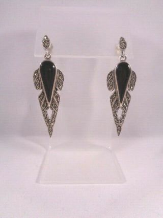 Vintage 925 Sterling Silver Dangle Earrings Art Deco Style Black Onyx Marcasite