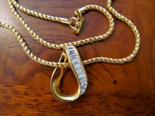 Vintage Swarovski Swan Mark Baguette Crystal Pendant - Signed Gold Rope Chain - Euc