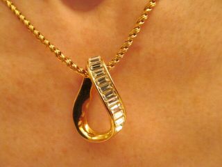 Vintage SWAROVSKI Swan Mark Baguette Crystal Pendant - Signed Gold Rope Chain - EUC 2
