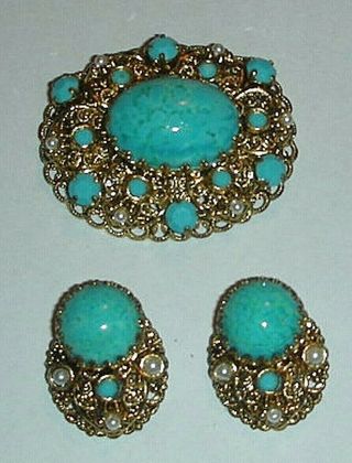 Vintage W.  Germany Turquoise Brooch And Earrings Set