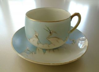 Vintage Nippon Hand Painted Blue & White Cranes Birds Gold Trim Teacup & Saucer