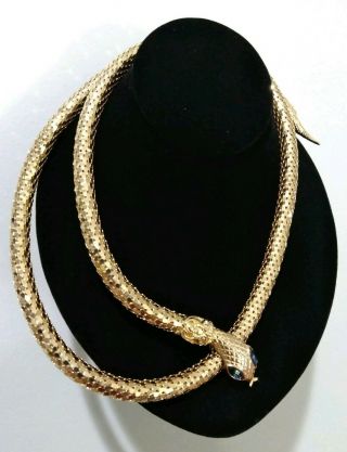 Estate Vintage Gold Tone Mesh Snake Belt/necklace Rhinestone Eyes Signed