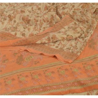 Sanskriti Vintage Cream Saree 100 Pure Crepe Silk Printed Fabric Sari Craft