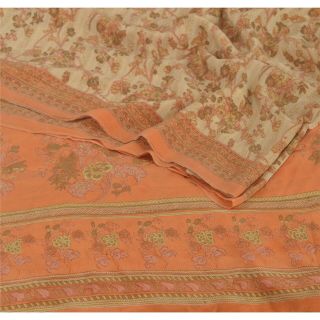 Sanskriti Vintage Cream Saree 100 Pure Crepe Silk Printed Fabric Sari Craft 2