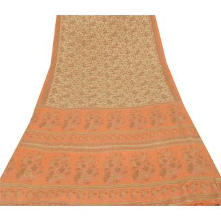 Sanskriti Vintage Cream Saree 100 Pure Crepe Silk Printed Fabric Sari Craft 3