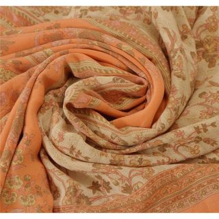 Sanskriti Vintage Cream Saree 100 Pure Crepe Silk Printed Fabric Sari Craft 4