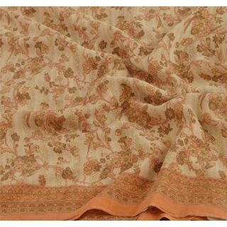 Sanskriti Vintage Cream Saree 100 Pure Crepe Silk Printed Fabric Sari Craft 5
