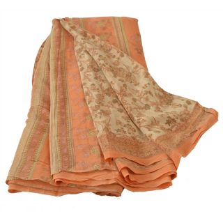 Sanskriti Vintage Cream Saree 100 Pure Crepe Silk Printed Fabric Sari Craft 6
