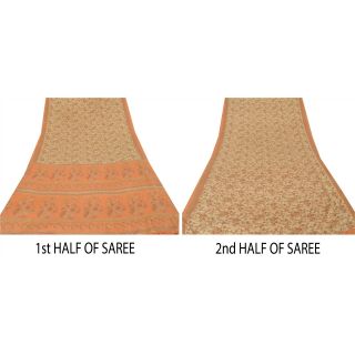 Sanskriti Vintage Cream Saree 100 Pure Crepe Silk Printed Fabric Sari Craft 7