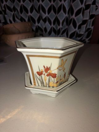 Vintage Chinese Cascade Bonsai Pot W/ Hummingbird & Flowers 4” X 5”