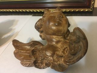 Vintage German Hand Carved Natural Wood Cherub Angel With Wings Wall Ornament