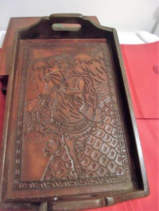 Vintage Wooden & Leather Serving Tray W Figure In Design 9 1/2 X 15