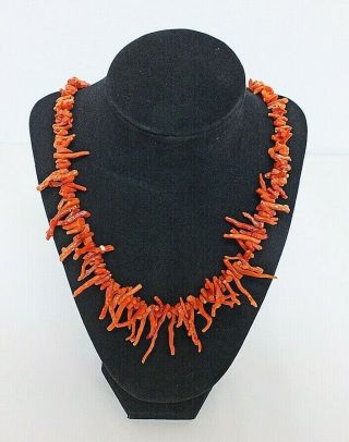 Vintage Native American Dark Red Natural Coral And Sterling Bead Necklace