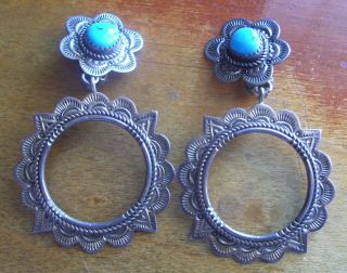 Vintage Southwest Sterling Silver & Turquoise Flower Clip On Dangle Earrings