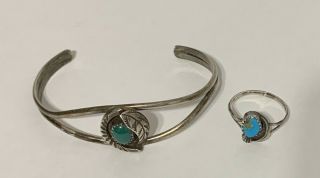 Vintage Navajo Turquoise Bracelet & Ring Sterling Silver Petite Size 2