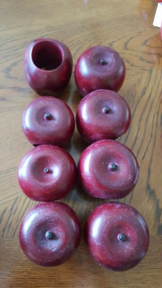 Set Of 8 Red Apple Wood Wooden Napkin Rings Holders Vintage Country