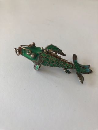 Vintage Chinese Sterling Silver Green Enamel Articulated Fish Pendant 4