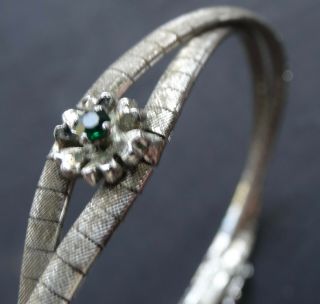 Vintage 800 Silver Modernist Textured Flower Green Stone Bracelet - D68
