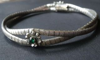 vintage 800 SILVER modernist textured flower green stone bracelet - D68 5