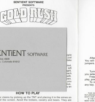 APPLE II / SENTIENT SOFTWARE / GOLD RUSH / PACKAGING ONLY,  NO DISK 2