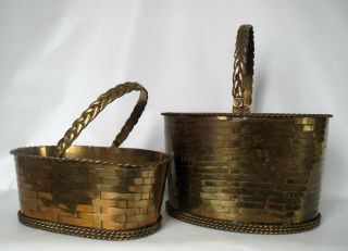 Set Of 2 Vintage Woven Brass Basket Planter W/handle Patina Oval India