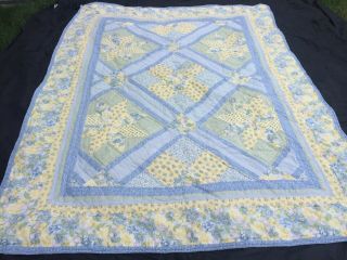 Vtg Handmade Patchwork Quilt Yellow Blue Floral Hand Quilted Bedspread 86”x66”