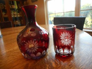 Vintage Bohemian Ruby Red Cut - To - Clear Crystal Glass Tumble - Up Night Water Set