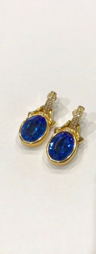Vtg Clip On Earrings Huge Blue Faux Sapphire Crystal Swarovski