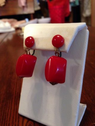 Vintage Chunky Red Bakelite Earrings/test Postive