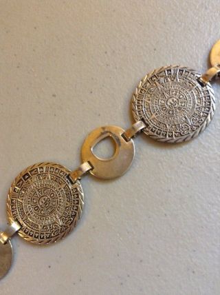 Vintage 925 Sterling Silver Mayan Aztec Calendar Disc Medaillon Bracelet