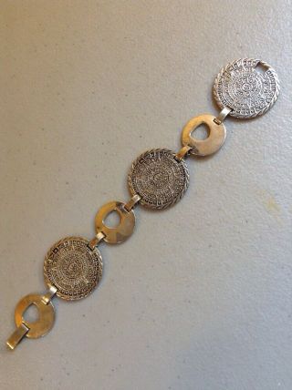 Vintage 925 Sterling Silver Mayan Aztec Calendar Disc Medaillon Bracelet 2
