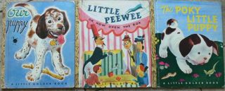 3 Vintage Little Golden Books Our Puppy,  Little Peewee Or,  Now Open The Box,