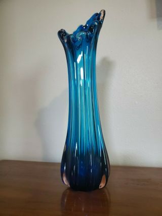 Vintage Mid Century Modern Swung Stretch Glass Vase Viking Blue 14 "