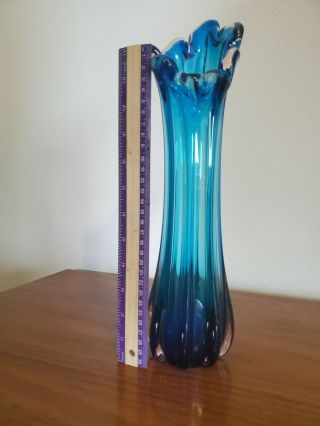 Vintage Mid Century Modern Swung Stretch Glass Vase Viking Blue 14 