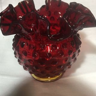 Vtg Fenton Blood Ruby Red Hobnail Crimped Ruffled Vase Rose 5” Across Signed