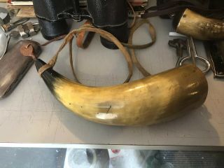 Vintage Black Powder Horn Large With Leather Sling Hunting Gun Musket Bull Horn