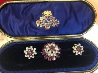 Vintage Modernist Amethyst Glass & Diamanté Brooch,  Clip On Earrings Set