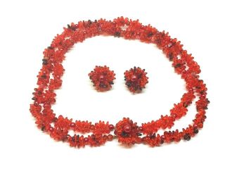 Vintage Multi Strand Red Beaded Necklace W/ Matching Cluster Clip On Earrings