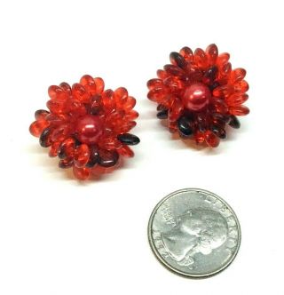 Vintage Multi Strand Red Beaded Necklace w/ Matching Cluster Clip On Earrings 3