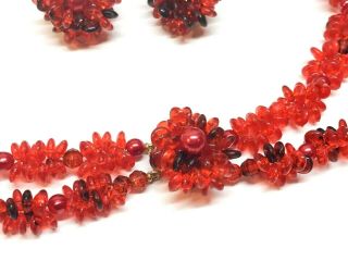 Vintage Multi Strand Red Beaded Necklace w/ Matching Cluster Clip On Earrings 5