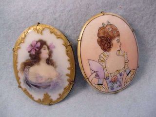 Vintage Victorian Porcelain Pins Hand Painted Brass Backs
