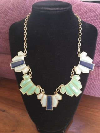 Vintage Seafoam Green And Blue Bib Statement Necklace Gold Faceted Cabochon
