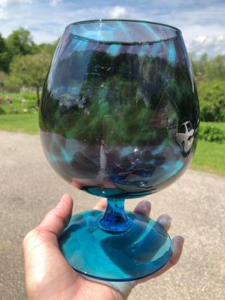 Vintage Empoli Art Glass Vase Blue Teal Optic Footed Brandy Snifter Compote 8” H