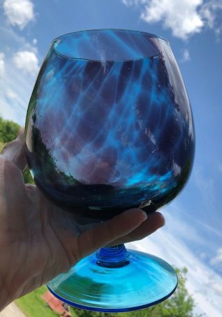 Vintage Empoli Art Glass Vase Blue Teal Optic Footed Brandy Snifter Compote 8” H 2