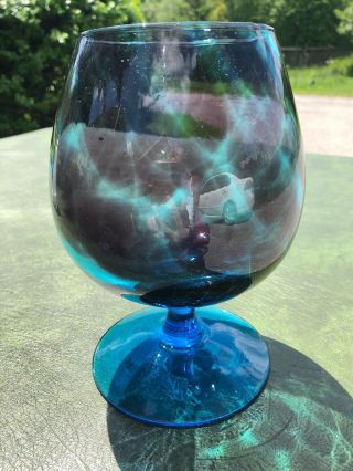 Vintage Empoli Art Glass Vase Blue Teal Optic Footed Brandy Snifter Compote 8” H 3