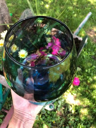Vintage Empoli Art Glass Vase Blue Teal Optic Footed Brandy Snifter Compote 8” H 5