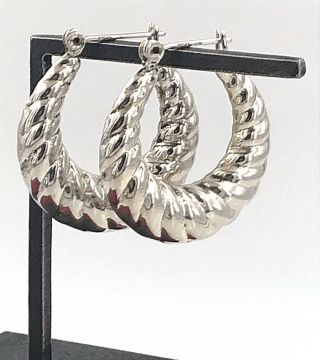 Vintage Modernist.  925 Sterling Silver Scalloped Hoop Lever Back Post Earrings