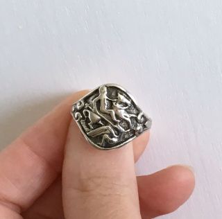 Old Celtic Vintage Sterling Silver Ring.  St George & Dragon.  Uk Size R.